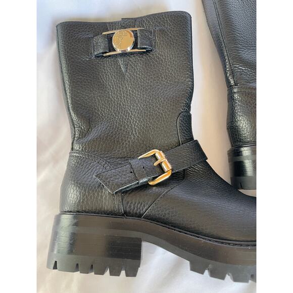 Versace Medusa Black Pebbled Leather Lug Moto Boots, US 5, IT 35 - Picture 6 of 9